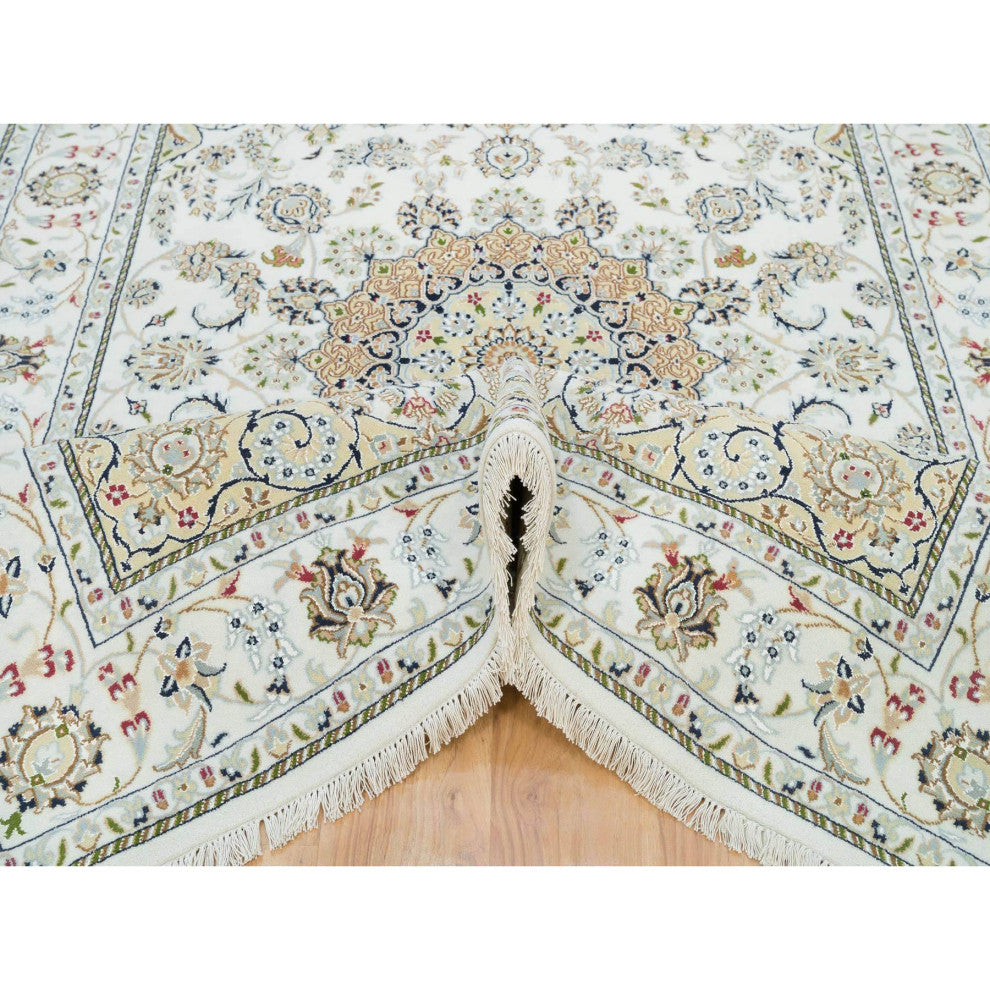 Powder White, Hand Knotted, Nain Design, 250 KPSI Natural Wool Rug, 6'1"x9'1"