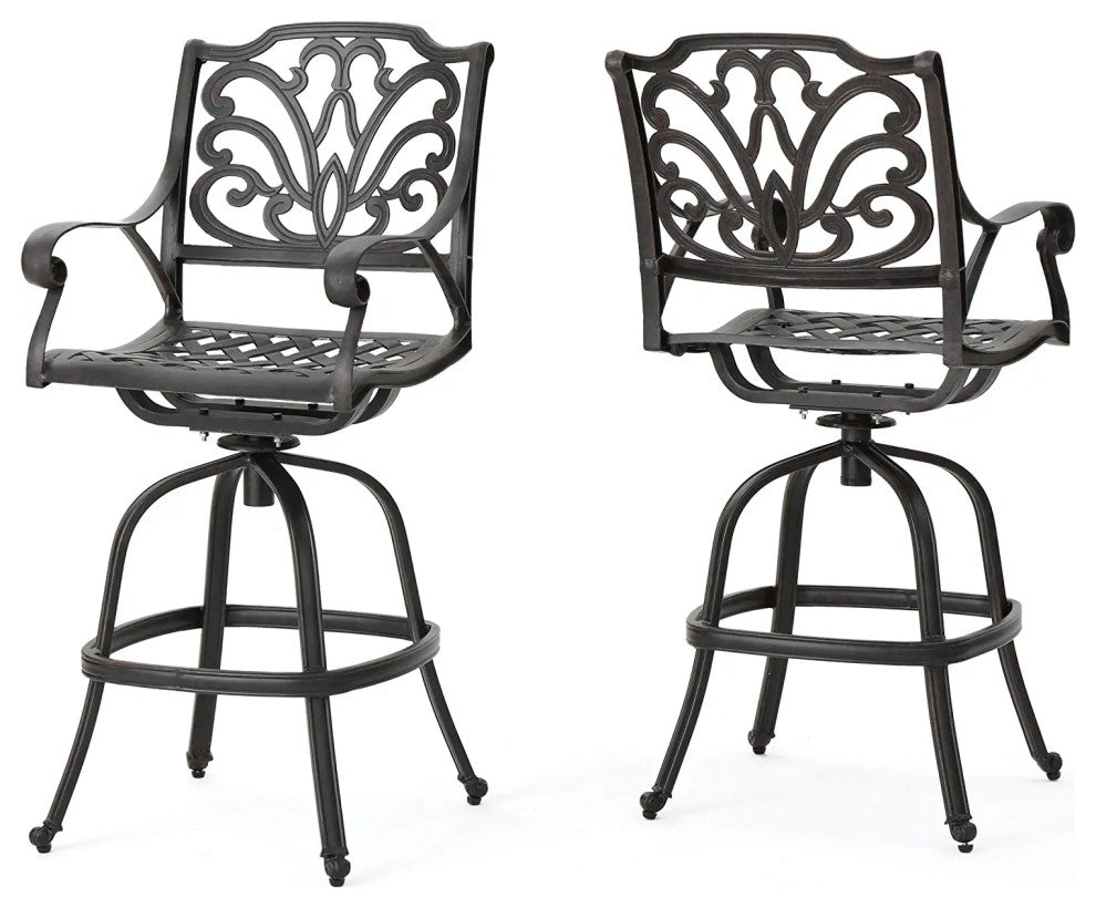 2 Pack Patio Bar Stool, Cast Aluminum Construction With Scrolled Details, Bronze