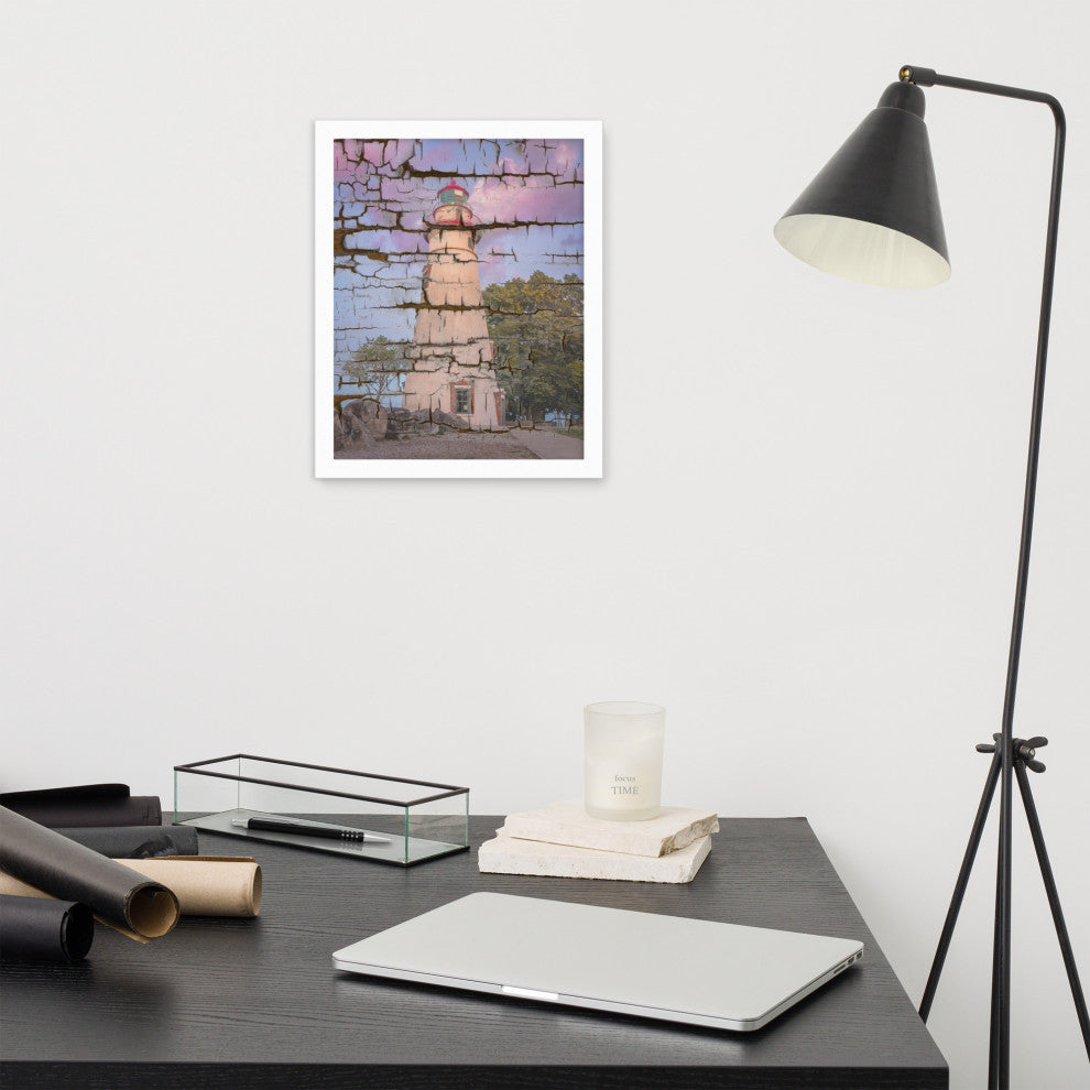 Faux Wood Texture Marblehead Lighthouse at Sunset Framed Photo Wall Art Print, White, 11" X 14"
