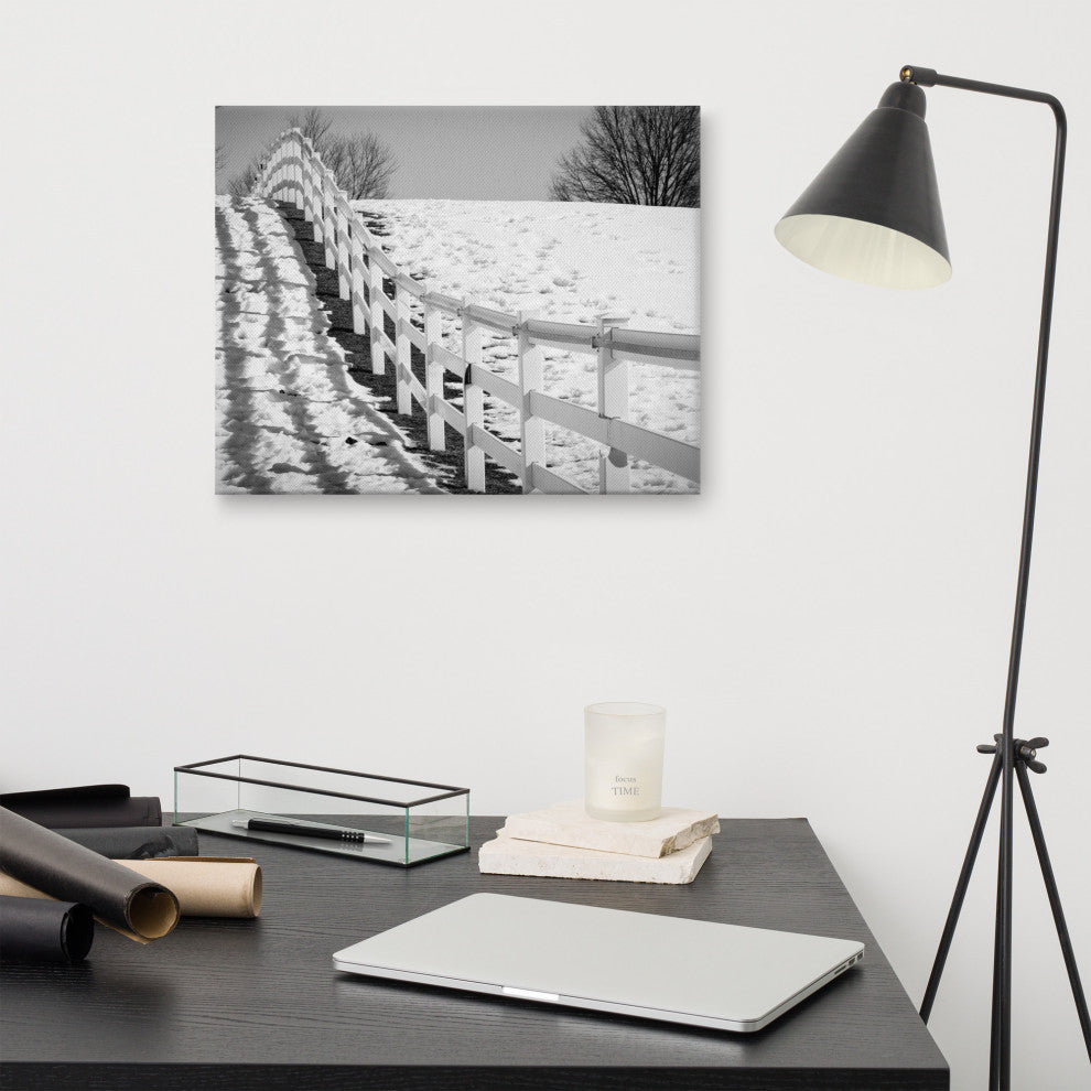 Endless Fence Rural Black & White Landscape Photo Canvas Wall Art Print, 16" X 20"