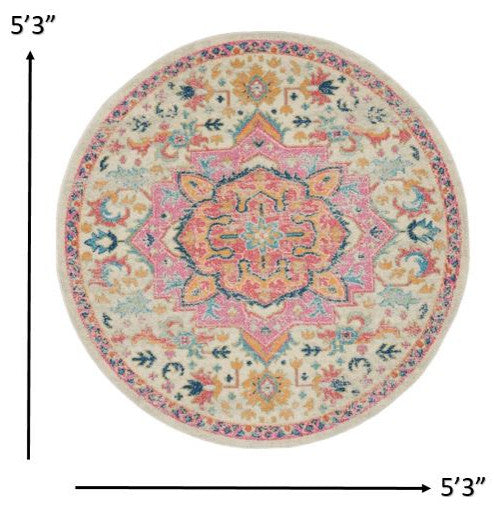 5' Pink And Ivory Round Southwestern Dhurrie Area Rug