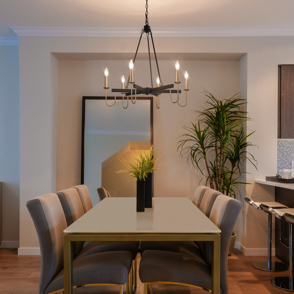 LNC 6-Lights Matte Black Modern Gold Candle-Style Chandelier For Dining Room