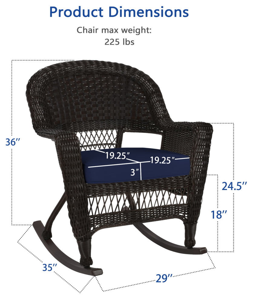 Jeco Rocker Wicker Chair in Espresso with Blue Cushion (Set of 2) Brown