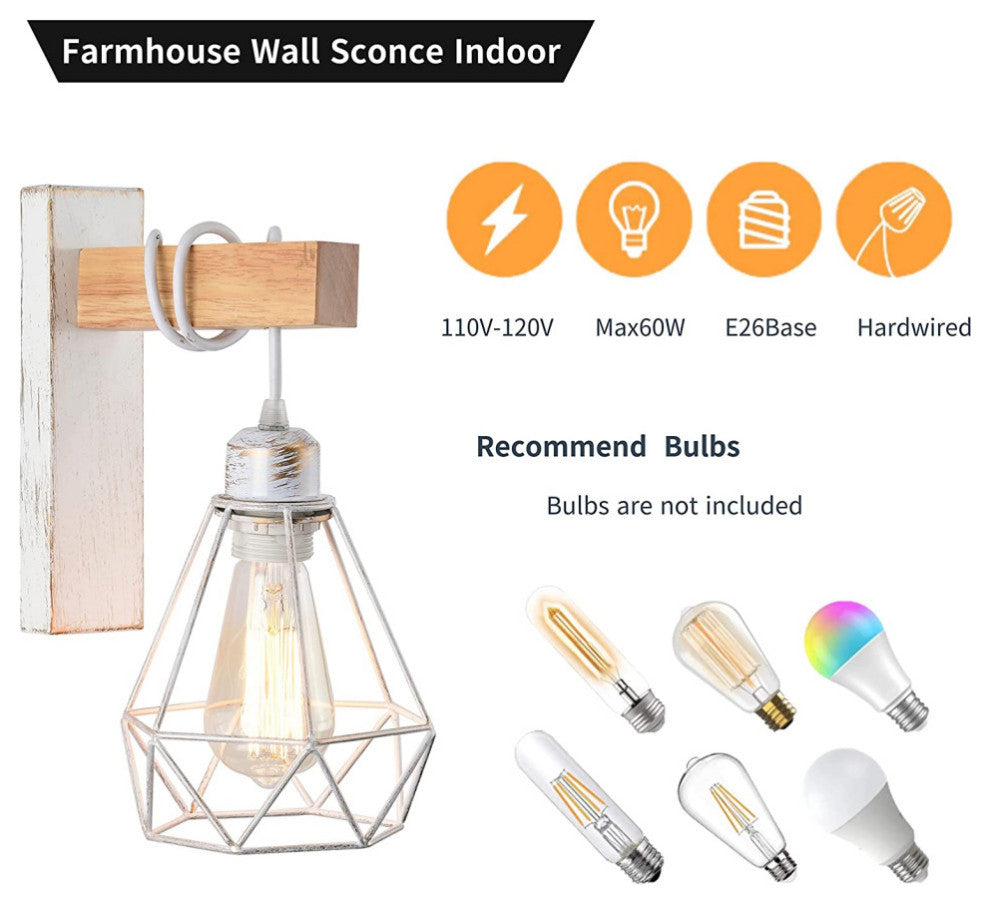 White cage Wall Lights Farmhouse wood Vintage Wall Mount Light Fixture