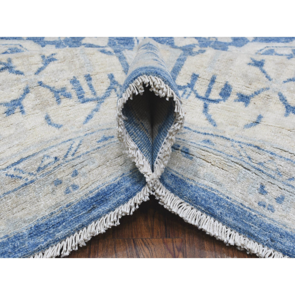 Denim Blue, Soft Wool Hand Knotted White Wash Peshawar, Rug, 9'8"x13'5"