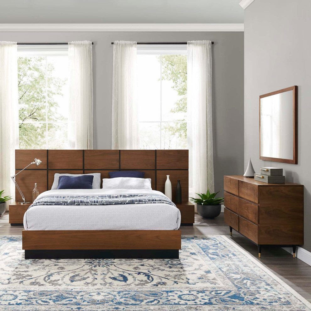 Queen Bed Dresser Chest Nightstand Set, Wood, Brown Walnut, Modern Room