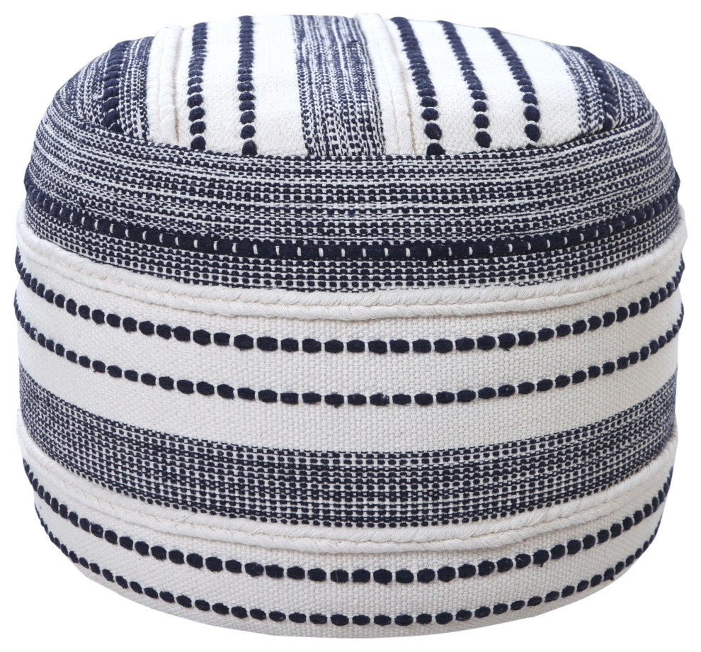 Navy and Ivory Seaside Striped Textured Pouf Ottoman