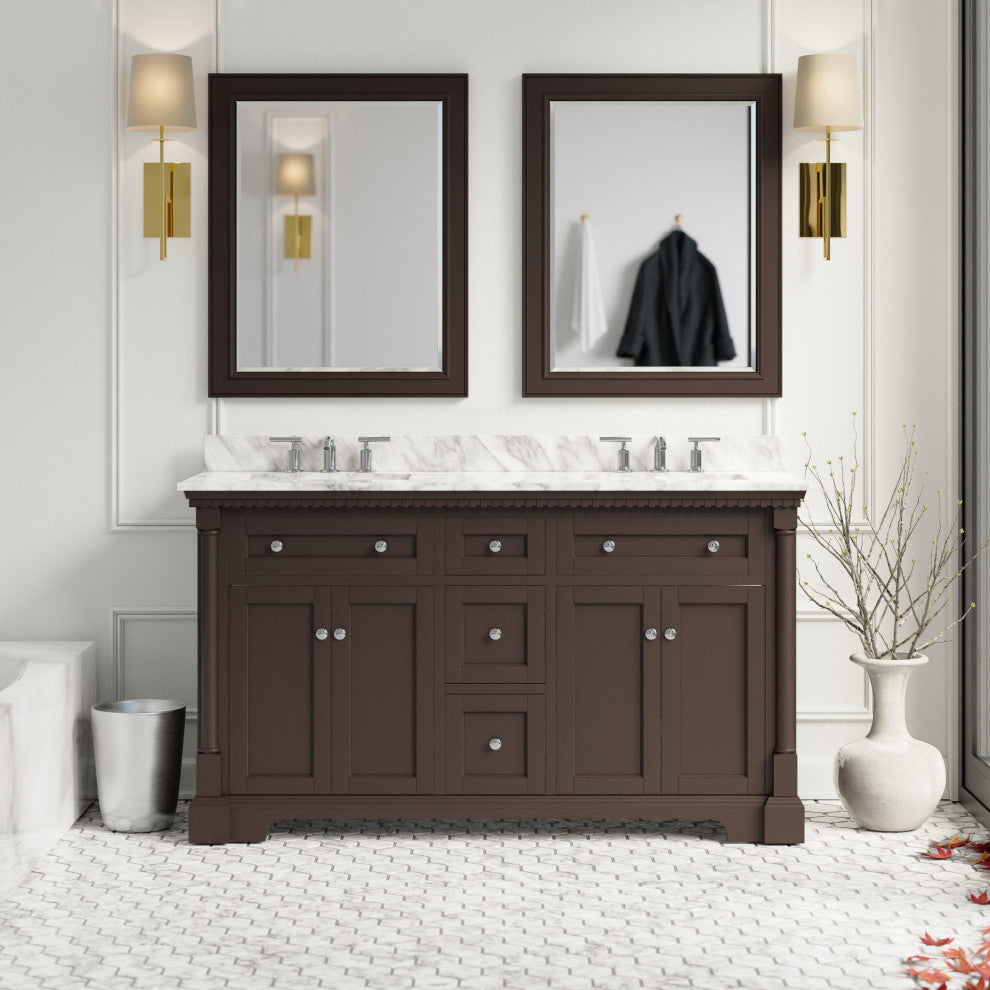 Sydney 60" Bathroom Vanity, Chocolate, Carrara Marble, Double Sink
