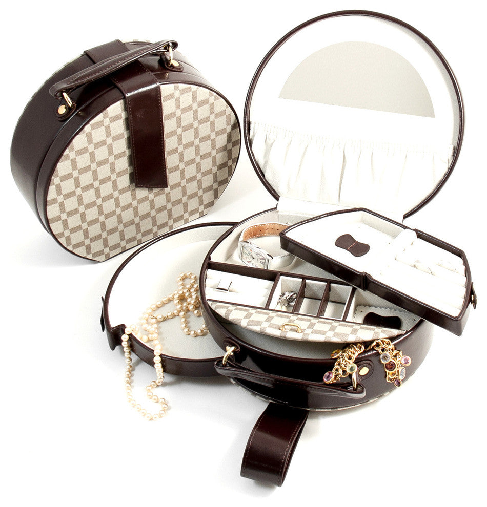Two-Tone Brown Leather and Cloth Jewelry Box