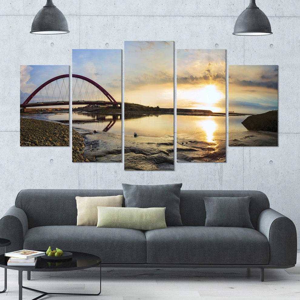 Bridge Sunset Panorama, Seashore Wall Art on Canvas, 60"x32", 5 Panels