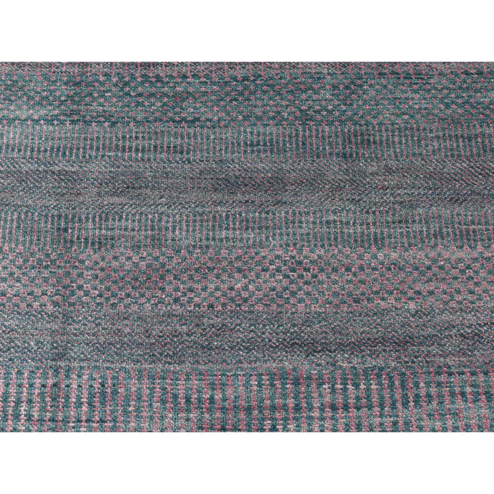 Midnight Green Wool and Silk Grass Design Hand Knotted Runner Rug 2'7"x8'10"