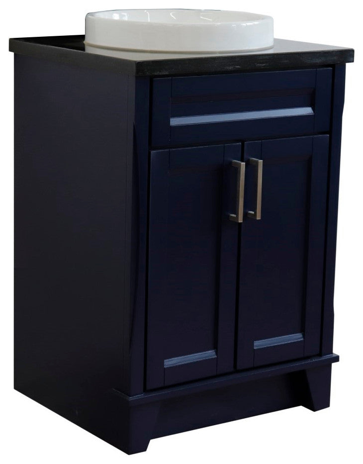 25" Single Sink Vanity, Blue Finish With Black Galaxy Granite And Round Sink