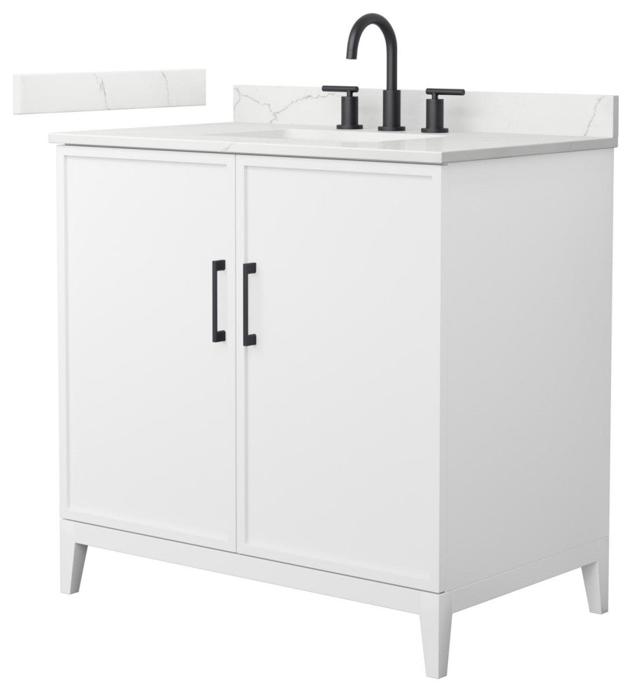 Elan 36" Single Vanity, White, Giotto Quartz Top, 3-Hole, Black Trim