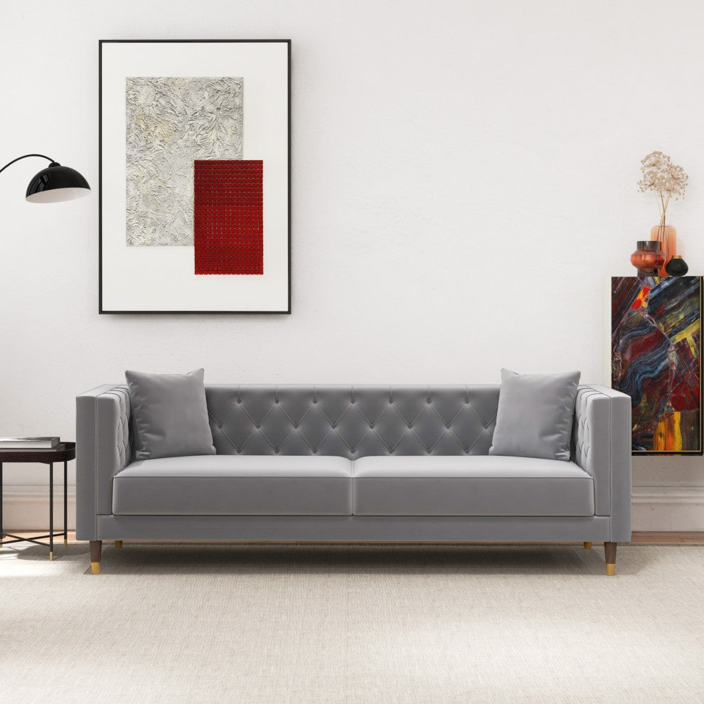 Lewis Mid-Century Modern Luxury Tufted Velvet Sofa, Light Grey