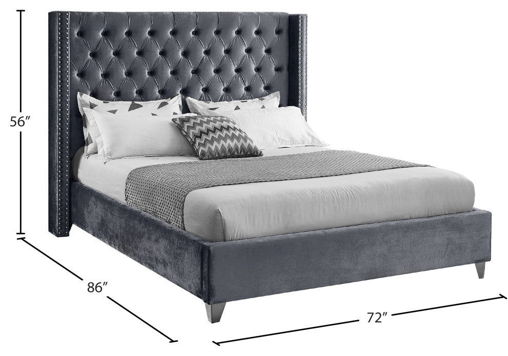 Ames Velvet Bed, Gray, Queen