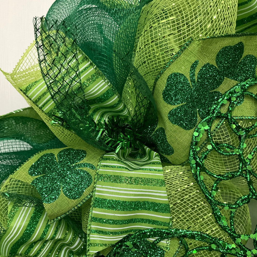 Happy St Patricks Day Glittering Shamrock Wreath Handmade Deco Mesh