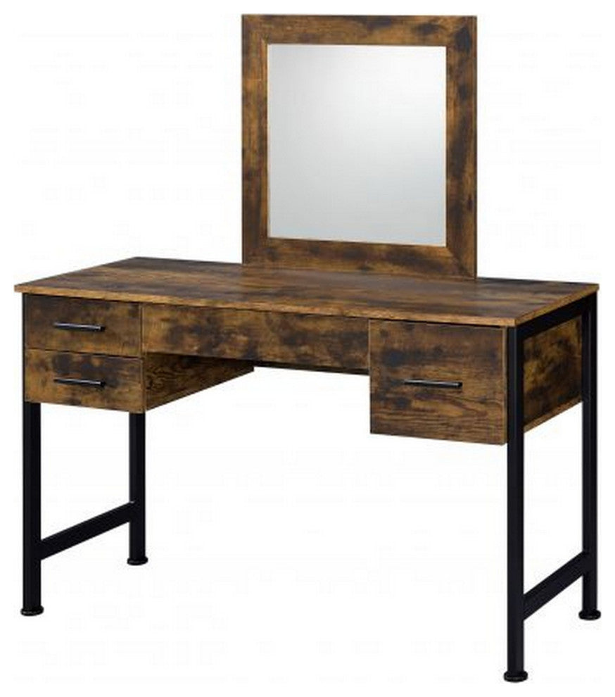 Benzara BM268893 Vanity Desk With 4 Drawers and Square Mirror, Brown and Black