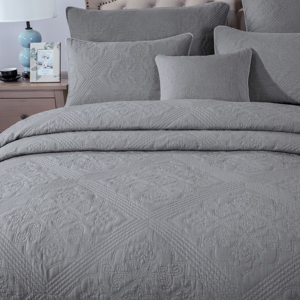 Elegant Modern Floral Grey Diamond Pattern Quilted Coverlet Bedspread Set, Queen