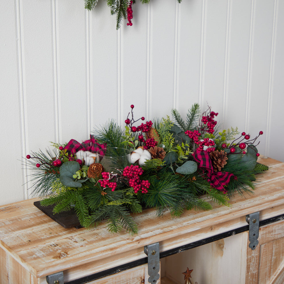 24" Holiday Berries, Pinecones & Eucalyptus Xmas Faux Arrangement Wall Decor