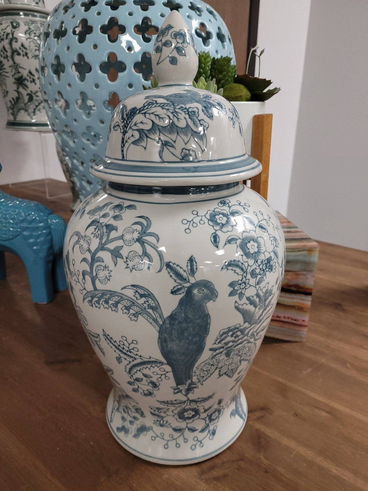 18" Blue Chinoiserie Ceramic Jar