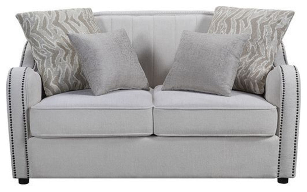 Benzara BM262216 Loveseat With Rounded Back and Nailhead Trim, Off White