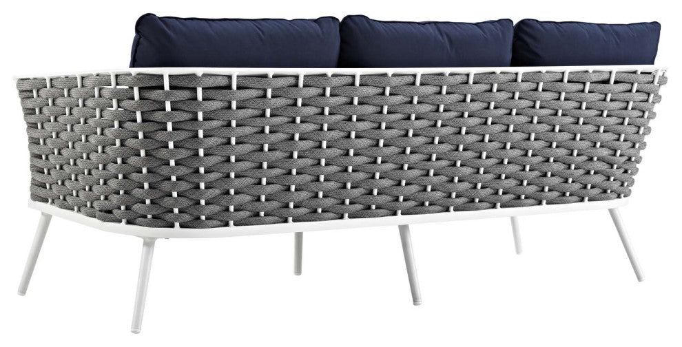 Modern Outdoor Patio Furniture Lounge Sofa, Fabric Aluminum, Navy Blue White