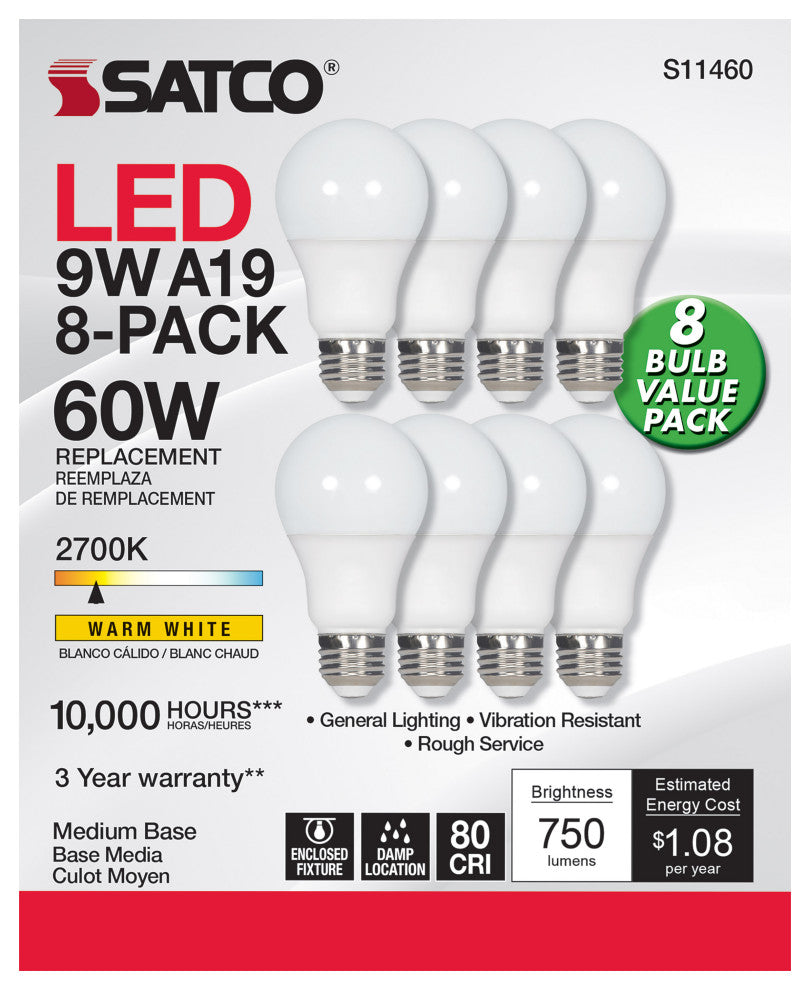 9W A19 LED, 2700K, Non-Dimmable, E26, 80 CRI, 8-Pack