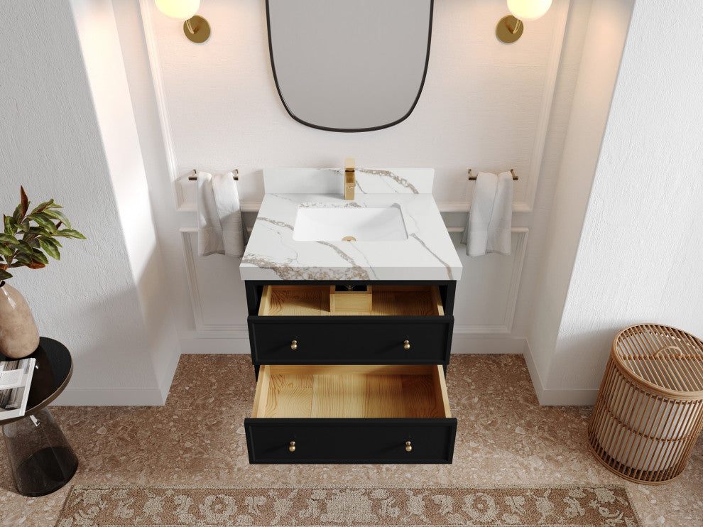 Roswell Floating 30" Single Sink Bath Vanity, Black 2" Calacatta Gold