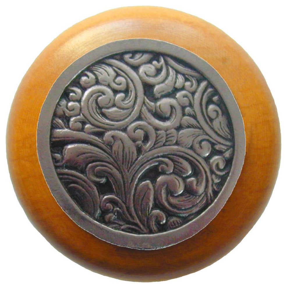 Saddleworth Wood Knob, Antique Brass, Maple Wood Finish, Brite Nickel