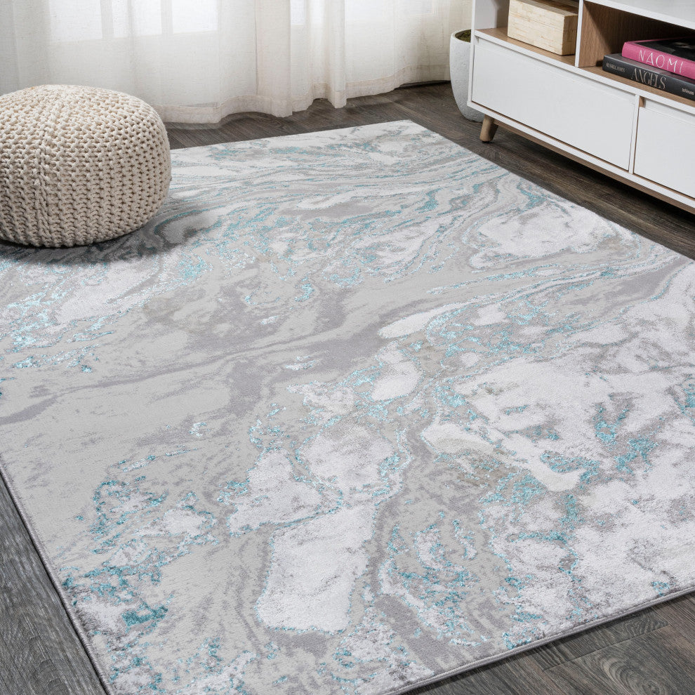 Swirl Marbled Abstract Area Rug, Gray/Turquoise, 5 X 8