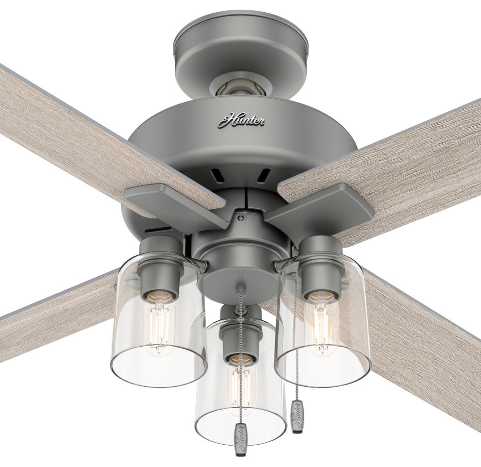 Hunter 52" Pelston Ceiling Fan, Matte Silver With LED Light and Pull Chain