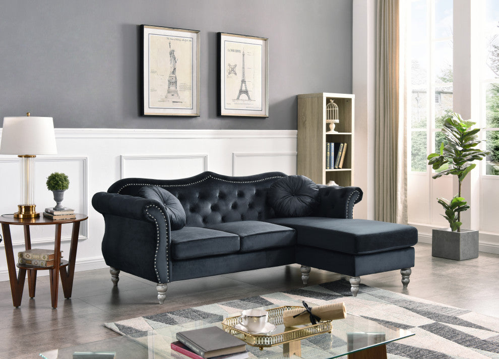 Hollywood Velvet Tufted sofa With Reversible Chaise, Black