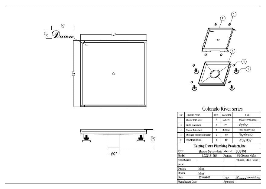 Dawn Colorado River Series Tile Insert Linear Shower Drain, 12"x12"