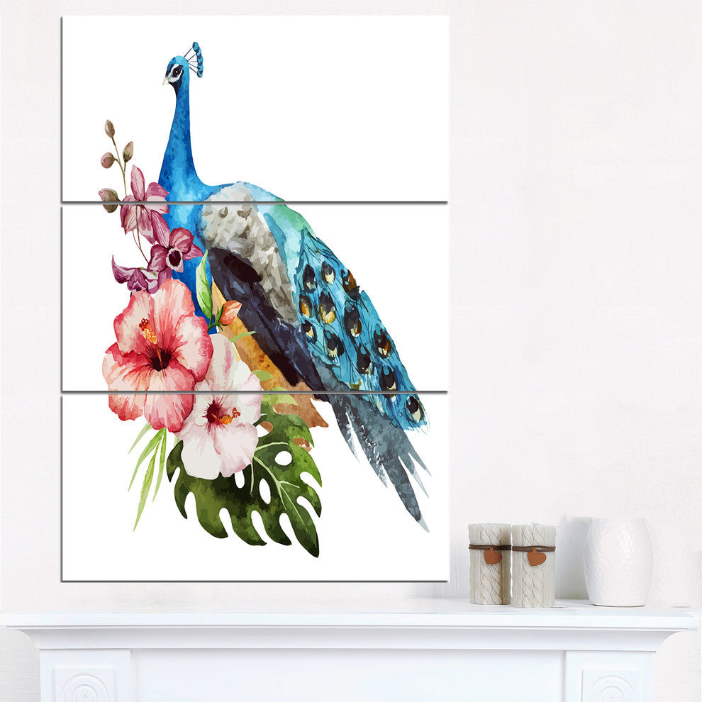 "Hibiscus Flowers and Blue Peacock" Metal Wall Art, 3 Panels, 28"x36"
