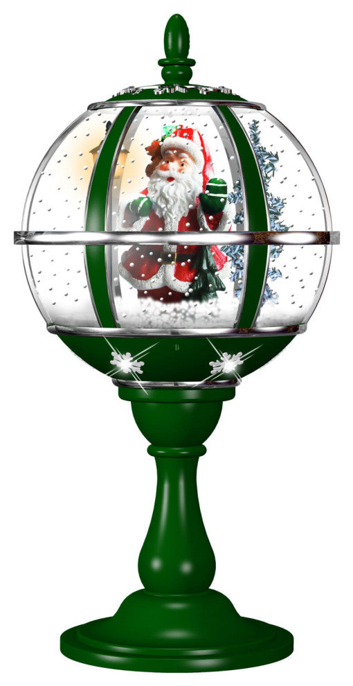 23" Tabletop Musical Snow Globe With Santa Scene, Snow, and Carols, Green