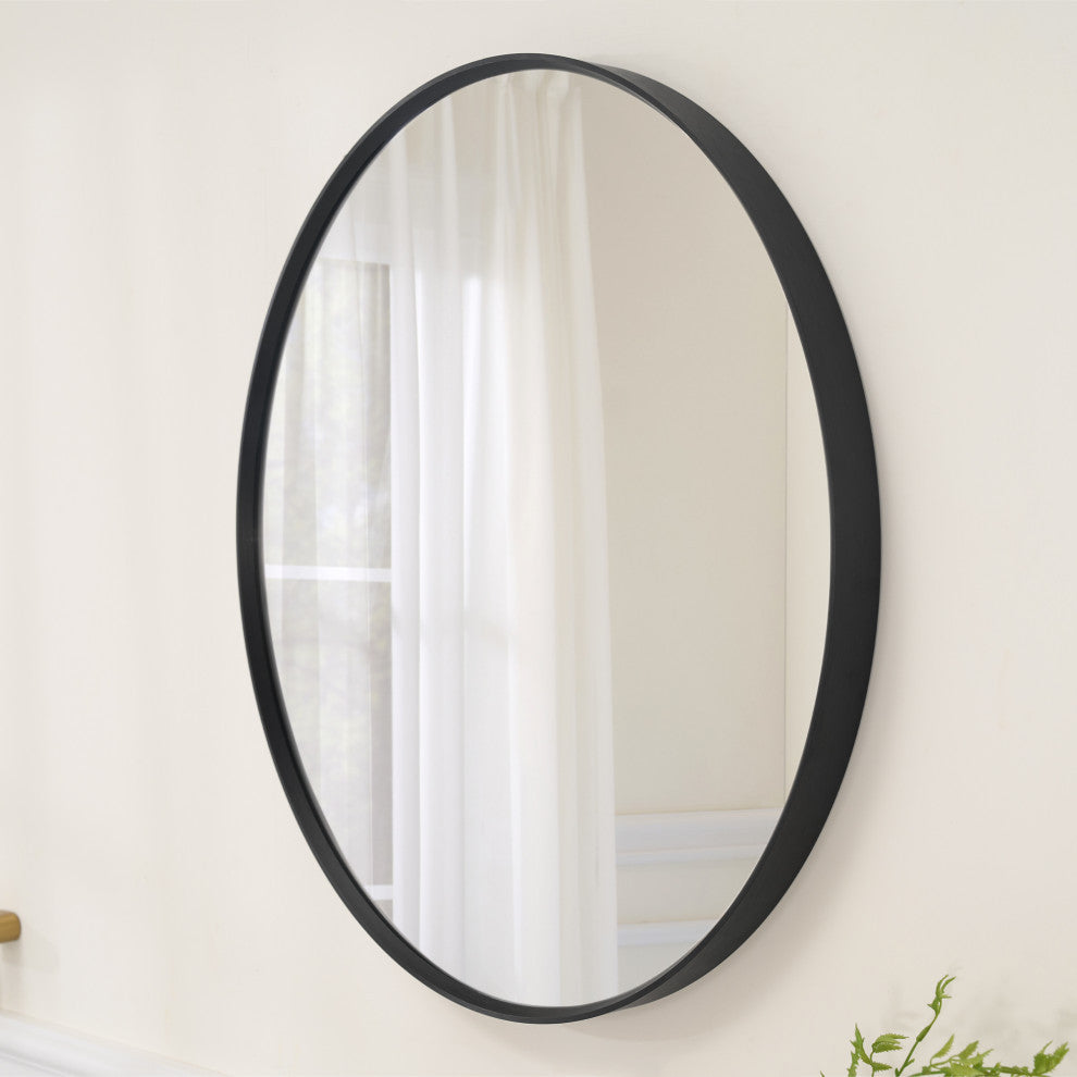 Bella Soft Corner Anodized Aluminum Wall Vanity Mirror, Matte Black, 32"x32", Round