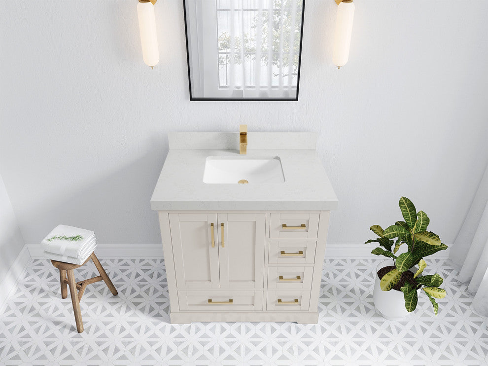 Boston 36" Center Sink Bath Vanity in Fine Grain 2" Carrara Quartz