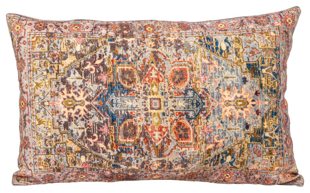 24" Cotton Printed Lumbar Pillow, Pattern, Chambray Back, Multicolored