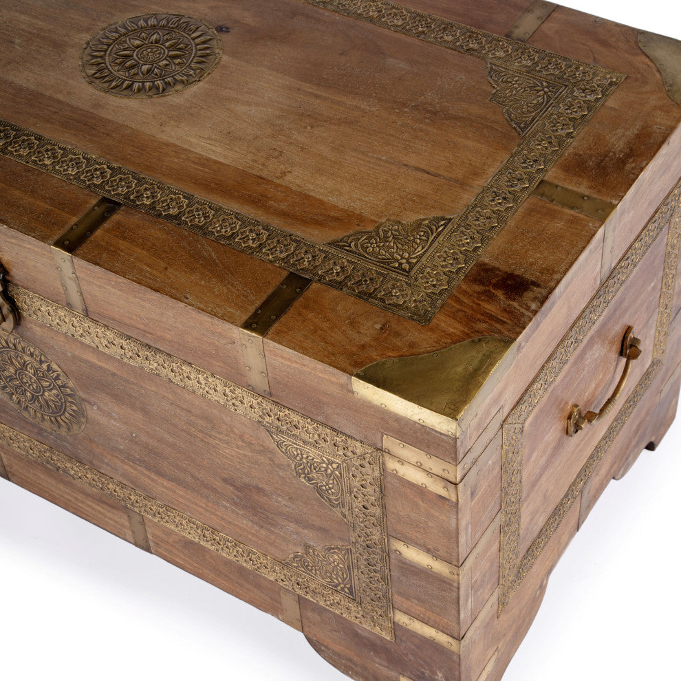 Nador Hand-Painted Brass Inlay Storage Trunk Coffee Table, Sierra Brown