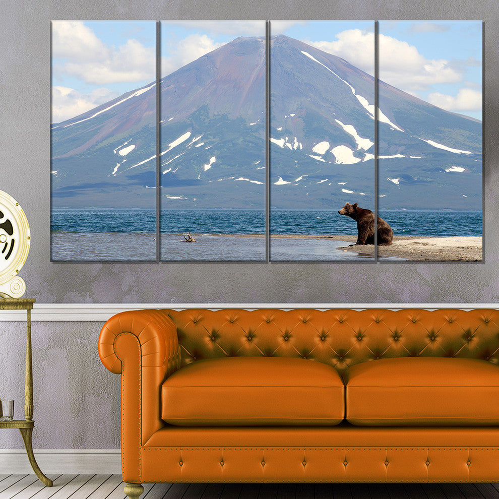 Large Bear in Front of Volcano, Landscape Canvas Wall Art, 48"x28", 4 Panels