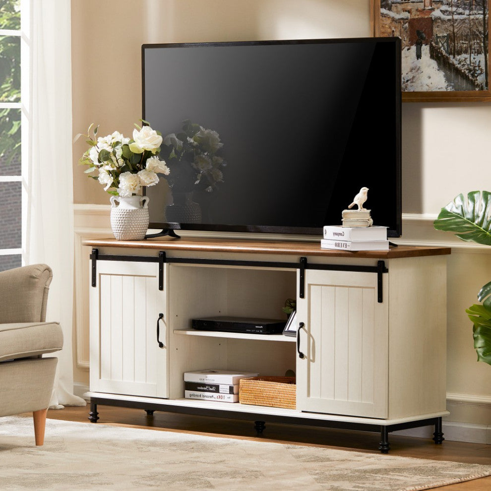 White and Oak Modern Farmhouse TV Stand With Storage