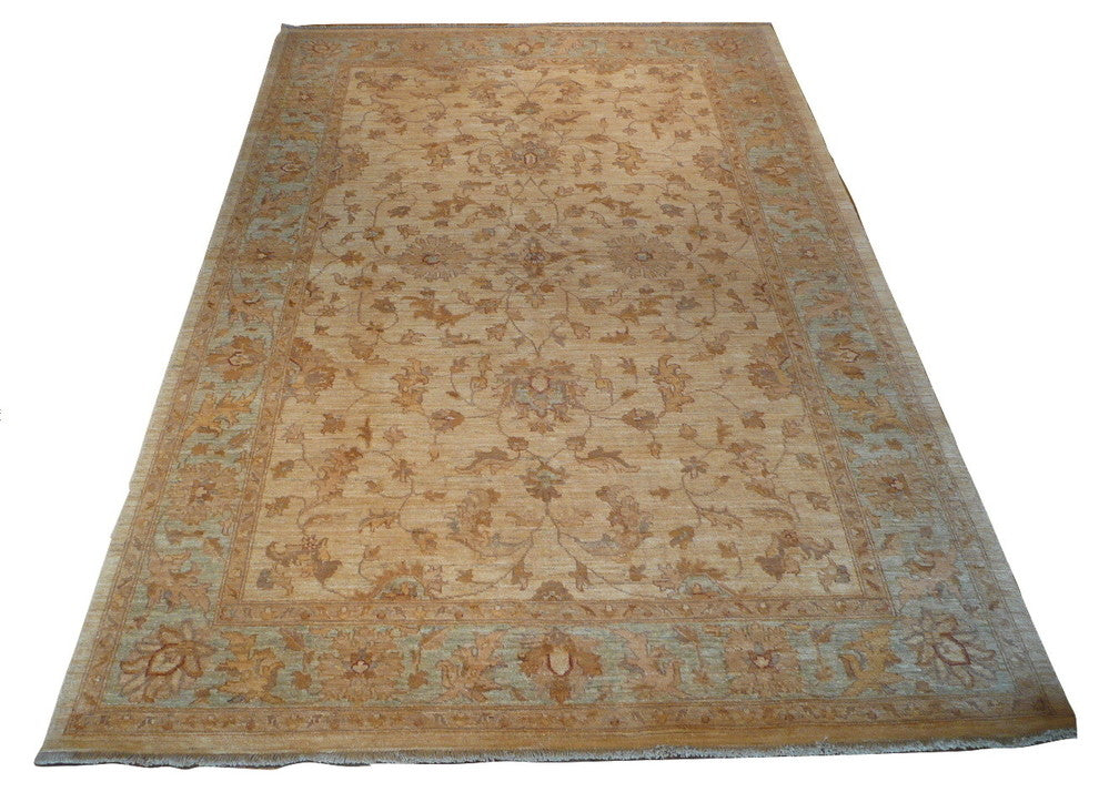 Hand-Knotted Beige and Sky Blue Oushak Design Oriental Rug, 6x9