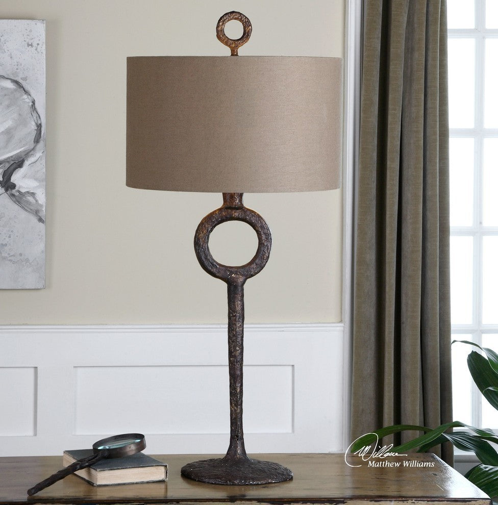 Rustic Hammered Cast Iron Textured Ring Table Lamp 35 in Minimalist Bronze Metal
