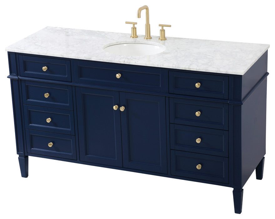 Home Living Vanity with Carrara White Marble Countertop, Blue, 60", Single Sink