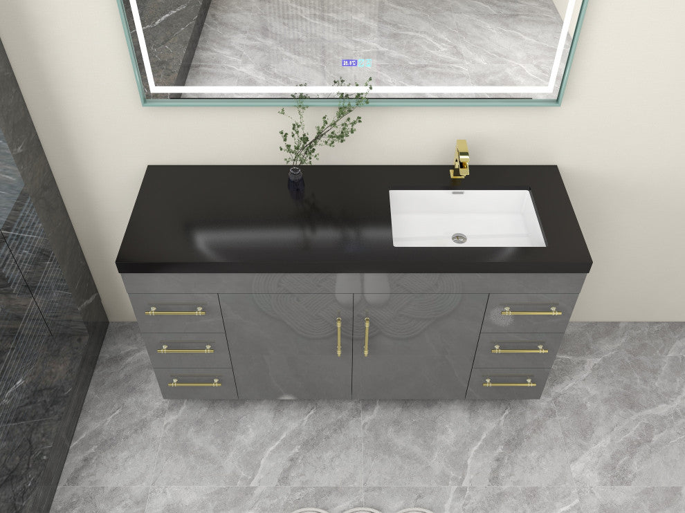 Rosa 60" Free Standing Modern Vanity, High Gloss Gray, Matt Black Top