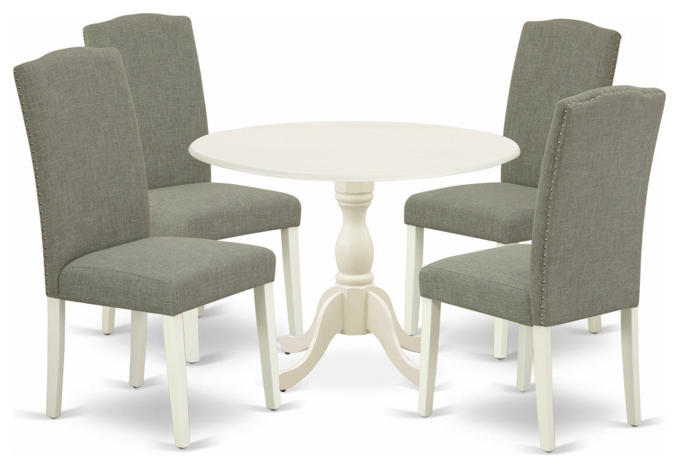 5Pc Dining Set, 1 Drop Leaves Table, 4 Dark Shitake Chair, Linen White