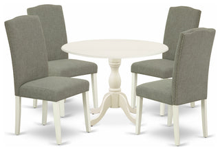 5Pc Dining Set, 1 Drop Leaves Table, 4 Dark Shitake Chair, Linen White
