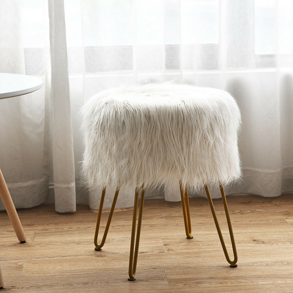 Costway Faux Fur Vanity Chair Makeup Stool Furry Padded Seat Round Ottoman