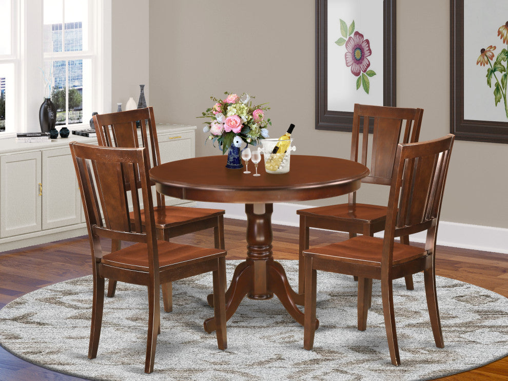 5 Pc Set With A Round Kitchen Table And 4 Wood Dinette Chairs, Mahogany