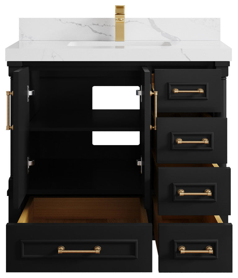 Aberdeen 36 Center Sink Bath Vanity in Black 2" Calacatta Laza